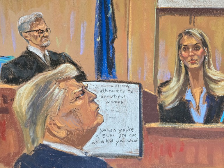 رسم تخطيطي لقاعة المحكمة لدونالد ترامب وهو ينظر إلى الأعلى نحو هوب هيكس على منصة الشهود.